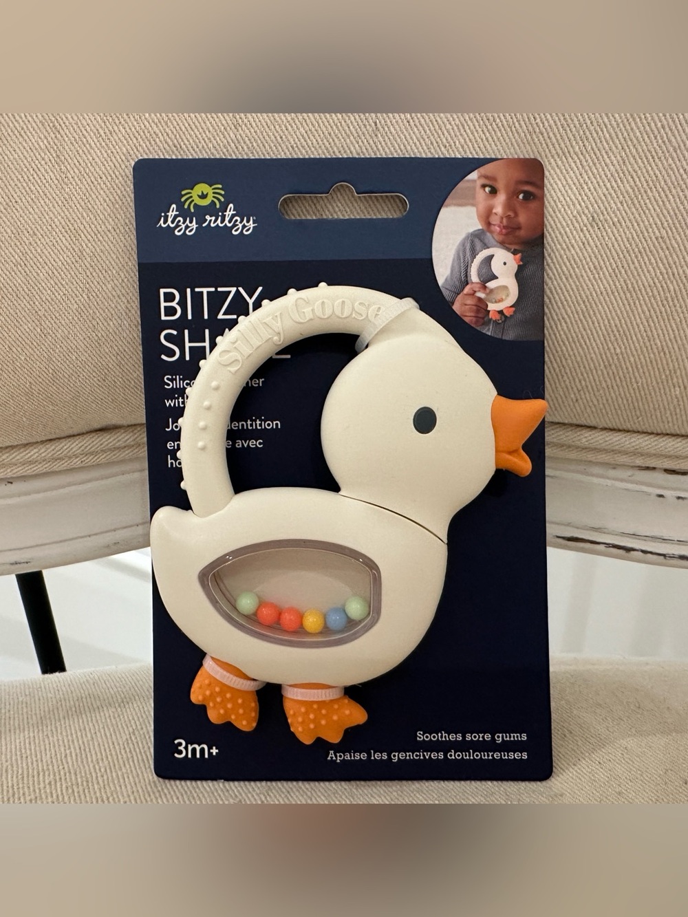 🤍 NWT Itzy Ritzy Bitzy Goose Baby Teether Rattle in Ivory & Orange